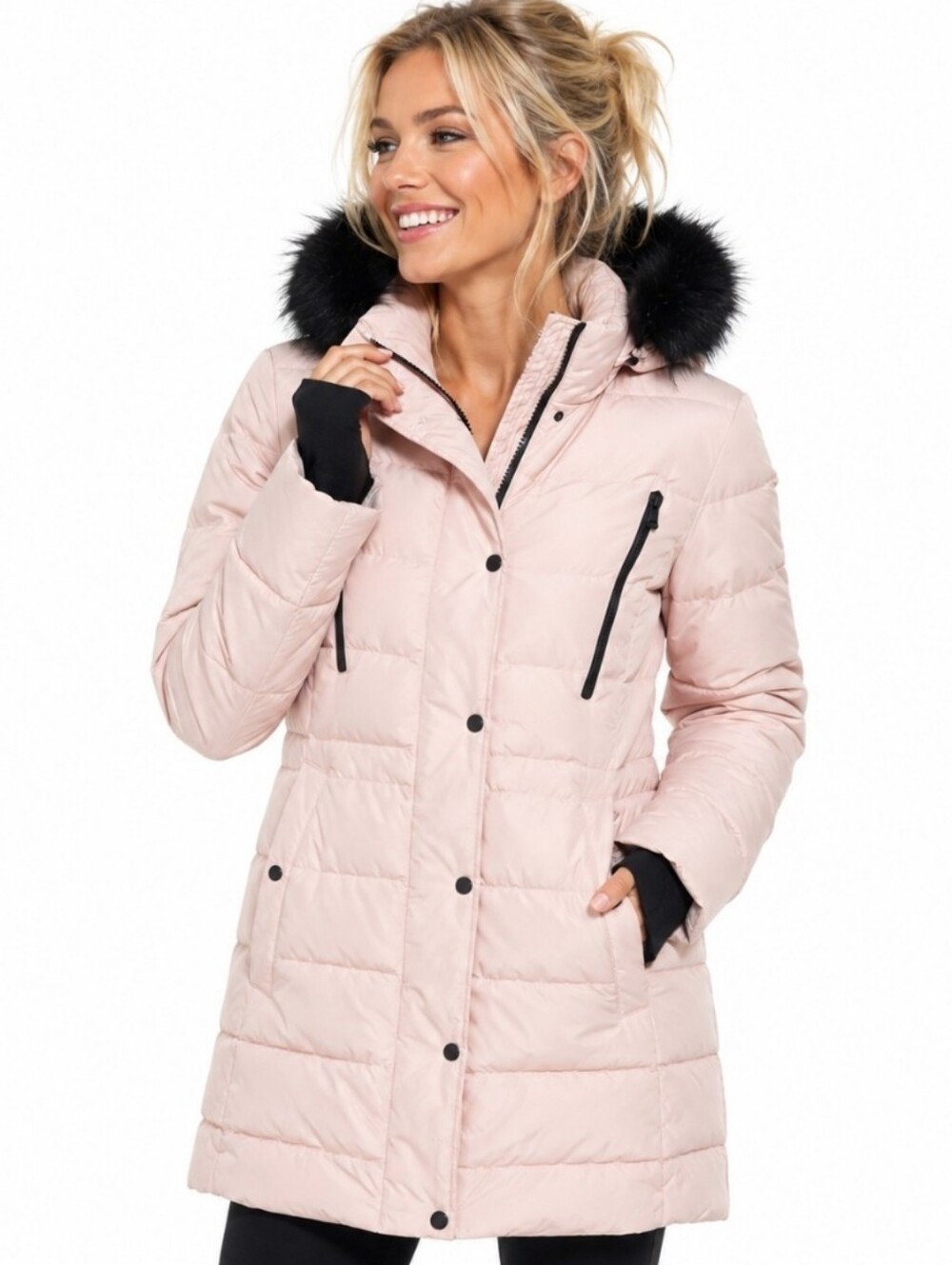 Xersion Light Pink Quilted Puffer Coat with Black Faux Fur Hood Trim (Size :xl)